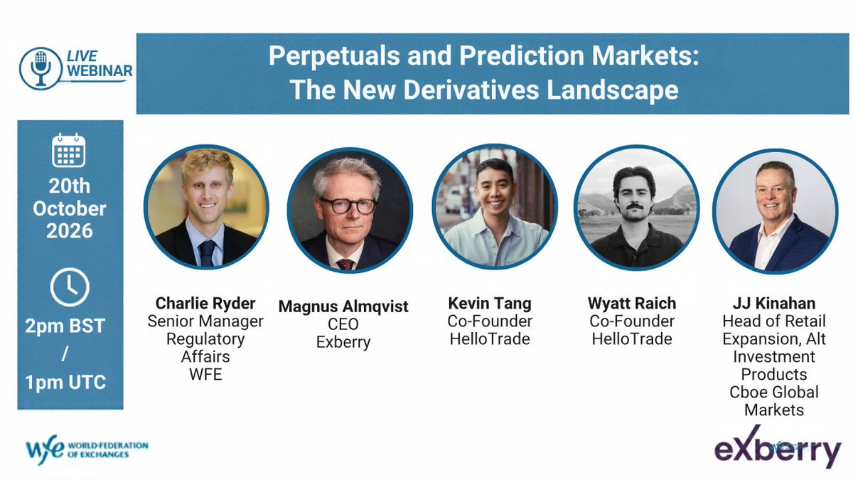 hellotradeapp's tweet photo. HelloTrade co-founders Kevin Tang (@kevtanggg) and Wyatt Raich (@wyattraich) will join the WFE discussion on the new derivatives landscape.

What’s driving the rapid growth of perpetuals and prediction markets? And what can traditional markets learn from them?

These are the questions that will define the next generation of exchanges.