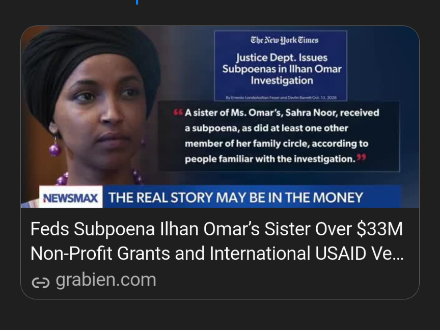 IClueso's tweet photo. Feds Subpoena Ilhan Omar’s Sister Over $33M Non-Profit Grants and International USAID Ventures.
‘Her sister goes back to Africa starts and other health care related concerns group funded by us, American taxpayers’   #BET  #NAACP  #NBA  #MLB   #NFL  #NOW  #NCAA   #AFLCIO   #MLS   #MOVEON  #SEIU  #BLM  #LULAC  #SOCIALISM #COMMUNISM https://t.co/1SYFJzH6ef