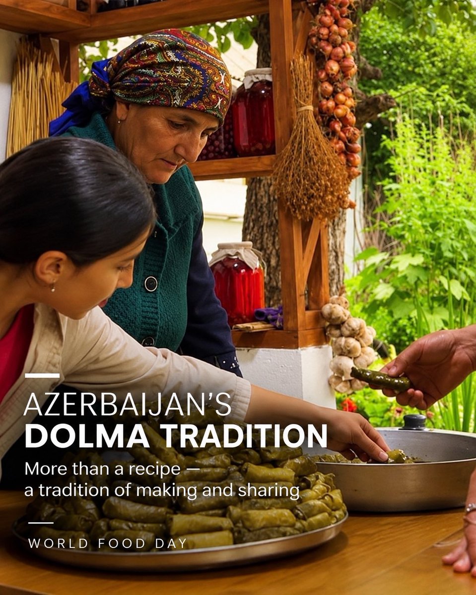 AzDelUnesco's tweet photo. A taste of heritage, passed from generation to generation. 🇦🇿

In #Azerbaijan, food tells a story.

The tradition of #Dolma and the craftsmanship of #Tandir bread-making bring together knowledge, skills and flavours that have been preserved and shared across generations.

On #WorldFoodDay, we celebrate the people who keep these culinary traditions alive and continue to pass them on.

A heritage to make, to share and to taste.