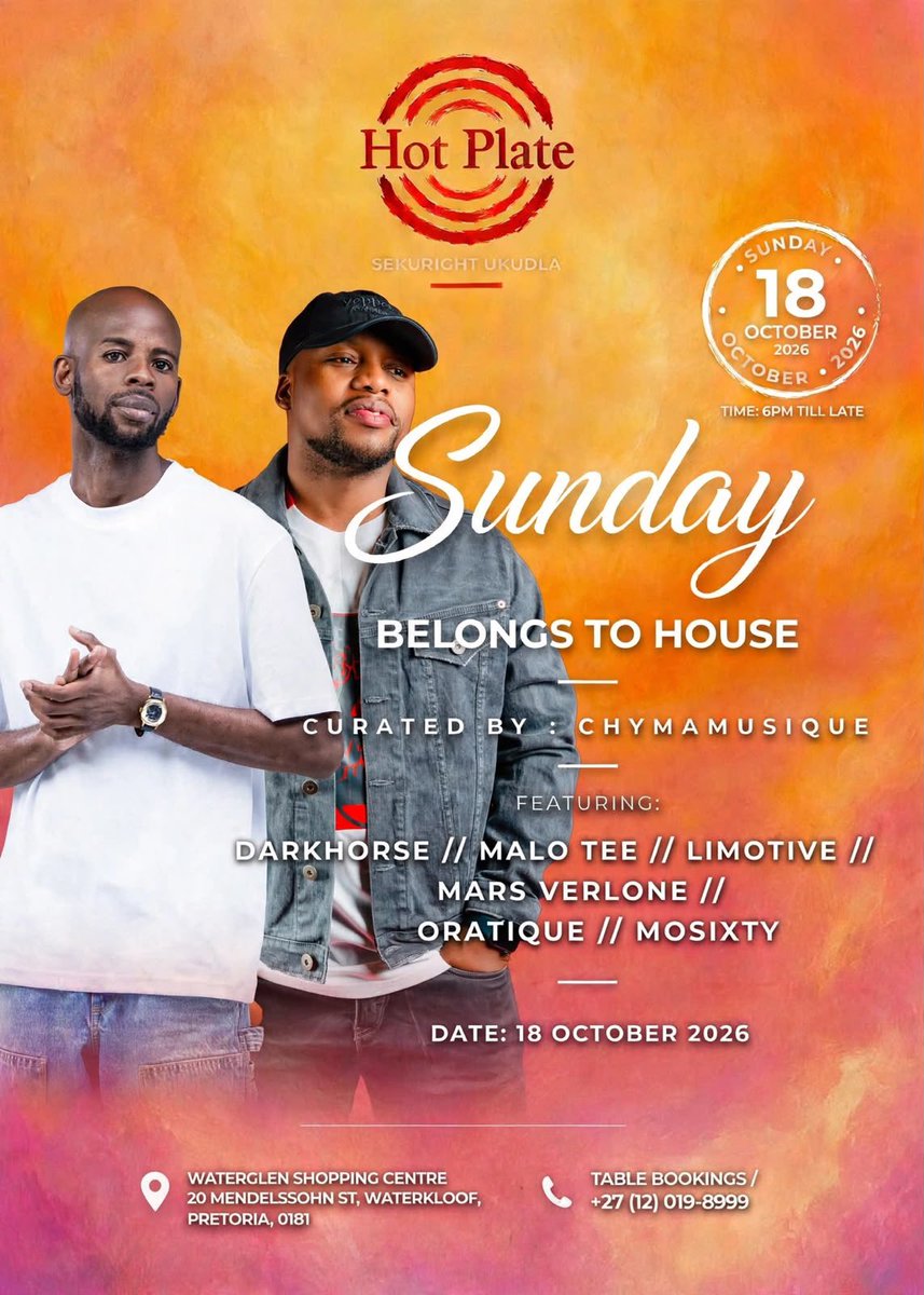 Chymamusique's tweet photo. This Sunday we are in Pretoria as we continue Our weekly movement called “Sundays Belong to house”, featuring my boy Dark Horse . 17h00 until 22h00 its House MUSIQUE 

Come through and enjoy meals , drinks &amp; MUSIQUE with us 🤍 https://t.co/iMmf59p9jT