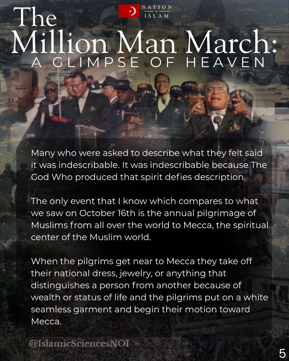 ImamSultanM's tweet photo. Long Live the Spirit of the Million Man March!

"On October 16th in Washington, D.C., and throughout the nation, we saw a glimpse of the heavenly life. Black men stood for 12, 14, and 16 hours. Many never felt tiredness until the day was ended and they were on their way back to their respective homes. The spirit of that day buoyed them. Why were there so many tears shed, not only on the mall, but by many who were watching by television or satellite? What touched the hearts, minds and souls of the men who were present?"
Final Call newspaper article, "The Million Man March: A Glimpse of Heaven," by the Honorable Minister Louis Farrakhan, Dec. 6, 1995

Watch the historic 1995 Million Man March/Holy Day of Atonement message at https://t.co/e6sLR3ZsVR

#HDOA26 #MillionManMarch #Atonement #Farrakhan #DayofAbsence
