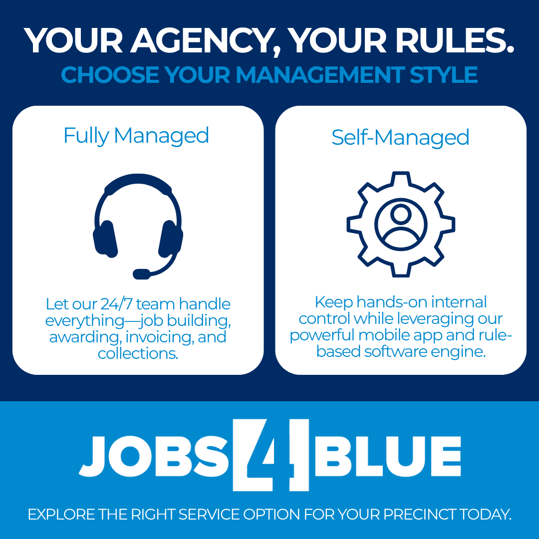 Jobs4Blue's tweet photo. No two police departments handle off-duty details the same way. That's why Jobs4Blue offers tailored options! Choose between Fully Managed or Self-Managed services to fit your needs. Explore your options: https://t.co/oB8pDs03CQ #Jobs4Blue #PoliceScheduling #OffDutyDetails https://t.co/zrwSmHqzHM