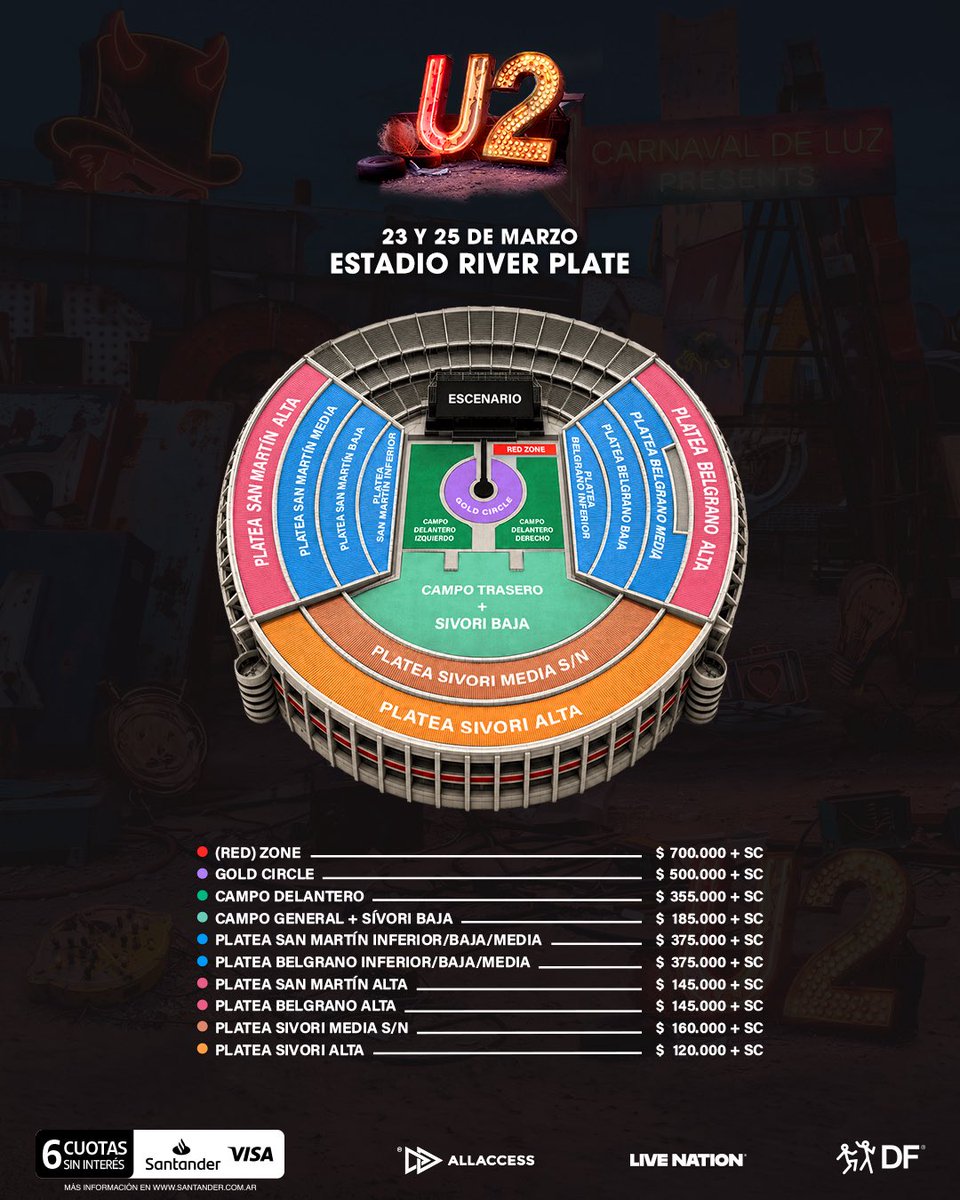dfallaccess's tweet photo. Toda la información que necesitás para asegurar tu ticket de @u2 🖤

📍23 y 25 de marzo de 2027, Estadio River Plate 🏟️

Preventa exclusiva clientes Santander VISA: Miércoles 21 de octubre, 10hs.
Venta general con todos los medios de pago: Jueves 22 de octubre, 10 hs.

Disfrutá 6 cuotas sin interés con tarjetas @santander_ar @VisaArgentina 💳

Tickets a la venta únicamente a través de https://t.co/YvSTd47SMM ⛓️‍💥