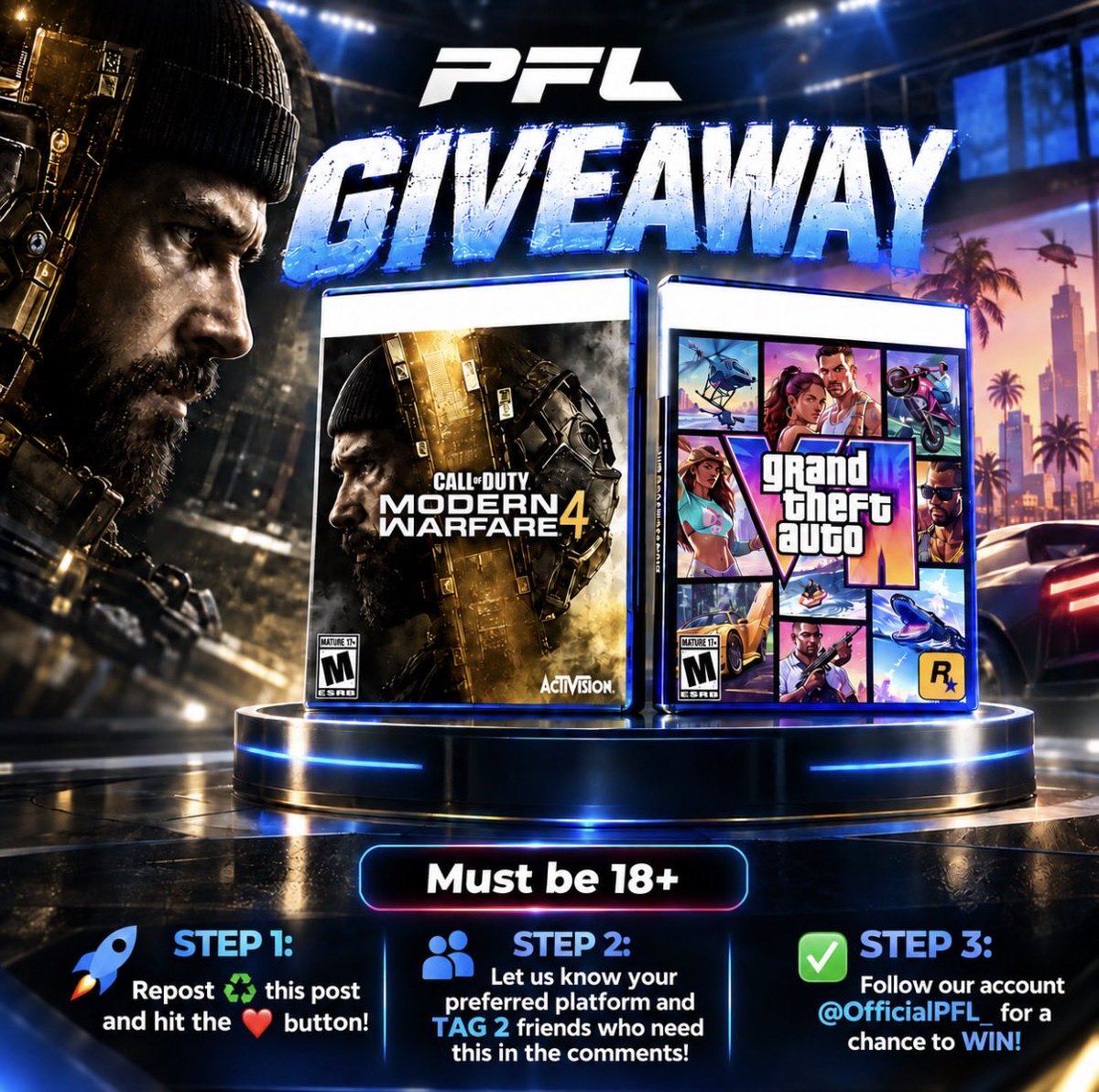 OfficialPFL_'s tweet photo. 🚨 MASSIVE PFL GAMING GIVEAWAY! 

🔥 2 EPIC GAMES @RockstarGames @CallofDuty 4 LUCKY WINNERS! 

🔞 MUST BE 18+ TO ENTER!

🚀 STEP 1: Repost ♻️ this post and hit the ❤️ button!

👥 STEP 2: Let us know your preferred platform and TAG 2 friends who need this in the comments!

✅ STEP 3: Follow our account @OfficialPFL_ a chance to WIN!

💪 All steps must be completed to qualify for a successful entry into the giveaway!

🏆 The winner will be selected in 2 weeks through a LIVE draw hosted on our official Discord server!

📲 https://t.co/UihKzStos7

#PFL #PFLGiveaway #GamingGiveaway #GTA6 #GrandTheftAutoVI #CallOfDuty #ModernWarfare4 #GamingCommunity #Giveaway #FreeGames #GamerLife #Esports