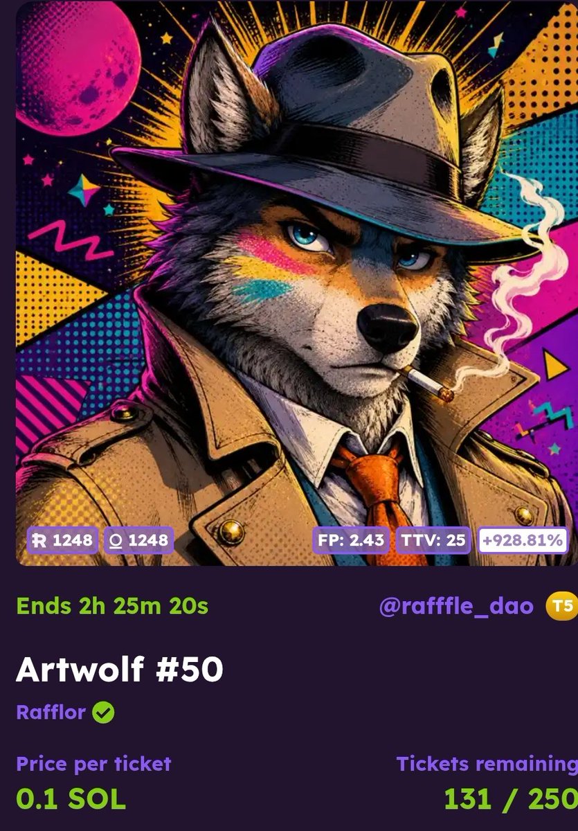 rafffle_dao's tweet photo. TGIF 🥳

Nothing gets the weekend started like an Artwolf win 🏆 

Less than 2.5 hours left!!!
Goodluck Rafflors 🙏 https://t.co/yFsQTwtaWk