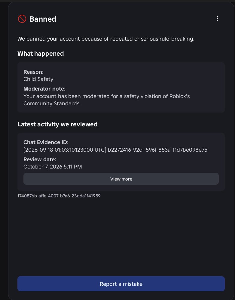 Xavier880049548's tweet photo. @Roblox @KreekCraft I got banned for no reason given, because roblox's AI moderation sucks, and nor has there "human" moderation been any help to me. no reason has been given still for my ban, I also asked for a ROA for the chat logs, still nothing.(roblox user: fadek059,5yr acc) https://t.co/jNZniwrE2q