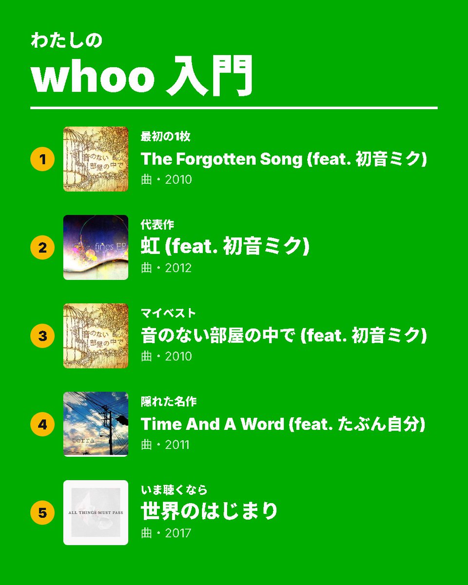 pictogram_man's tweet photo. 私の好きなボカロPで作ってみた　その3  

わたしのwhoo入門 
#わたしの入門5枚 https://t.co/HJdxzkR2LT