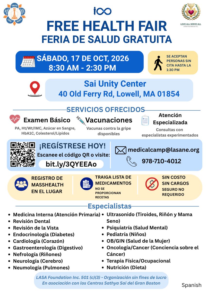 CityofLowellMA's tweet photo. Join LASA Foundation for FREE health screenings, medical consultations, dental and vision care, and more. No insurance required.
🗓️ Sat, Oct 17
⏰ 8:30AM-2:30PM
📍 Sai Unity Center, 40 Old Ferry Rd
Pre-register: https://t.co/lu4OCD52kr
medicalcamp@lasane.org or (978) 710-4012 https://t.co/b6kcmSFQVD