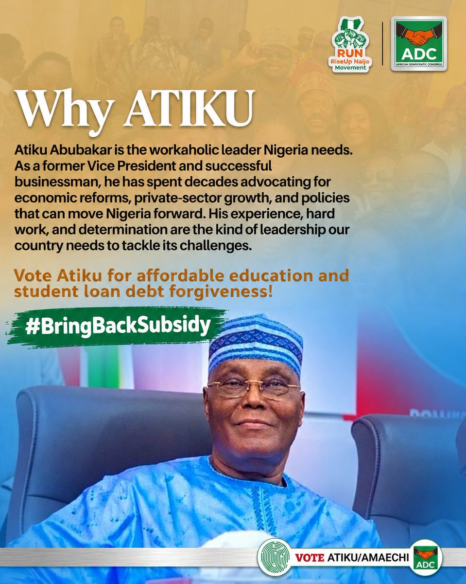 StudentWing_RUN's tweet photo. Vote Atiku for affordable education and student debt forgiveness!

#StudentDebtForgiveness
#AffordableEducation
#BringBackSubsidy
#AtikuAmaechi
#ADC_Party
#StudentOutreachForAtikuAmaechiCampaign.......... 
#TinubuMustGo!
#AtikuIsComing
#Atiku2027
#GetYourPVC https://t.co/PVVGvjSD4c