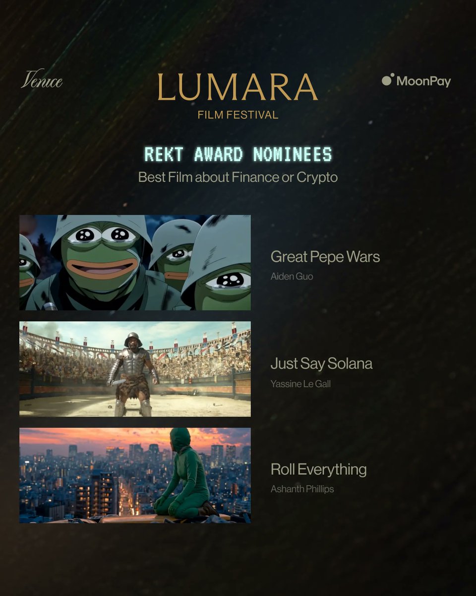 AskVenice's tweet photo. The Rekt Award nominees for best film about finance or crypto.

Great Pepe Wars - Aiden Guo (@aidenguoai)

Just Say Solana - Yassine Le Gall (@HOONIGALL)

Roll Everything – Ashanth Phillips (IG: forevercoast) https://t.co/EOlSgeZ4fv