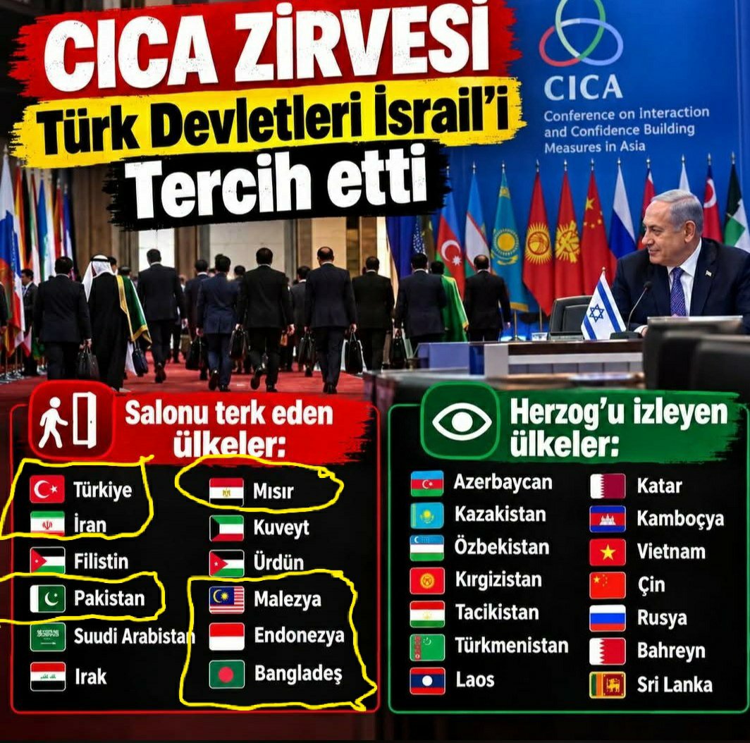 mtgundogan's tweet photo. Maya ne kadar önemli !

D8'de "maya var"
ama
bunu bir türlü anlamak istemiyorsunuz!

CICA (Asya’da İşbirliği ve Güven Artırıcı Önlemler Konferansı),
Asya ülkeleri arasında
barış,
güvenlik ve 
iş birliğini geliştirmeyi amaçlayan uluslararası bir platformdur.

CICA Zirvesi’nde
İsrail Cumhurbaşkanı Herzog konuşurken
bazı ülke temsilcilerinin salonu terk etmesi, açık ve güçlü bir diplomatik protestodur.

Dikkat ederseniz, 
toplantıya katılan D8 ülkelerinin tamamı toplantıyı terk etti! 

Bunun ne manaya geldiğini anlayıp D8'i  D60,
D60'ı  D160 yapmak için çabalayın.

Orada maya var.

O iş tutar...
