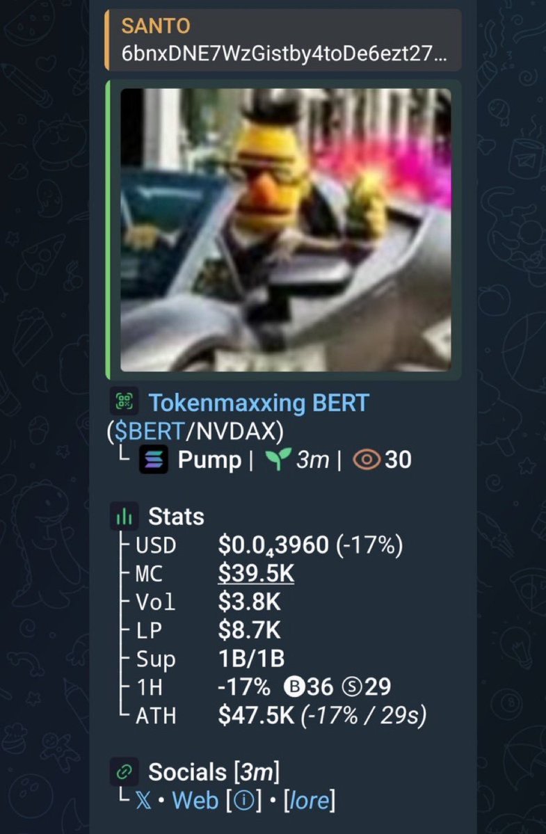Kaan_Capitug0's tweet photo. 🚨 $BERT — $39K MC

A tiny-cap worth keeping on the radar. 👀 Early-stage tokens can move fast, so check the chart, liquidity and contract before making a move.

Want more low-cap watchlist updates? Find my TG through the link in bio.

CA: 6bnxDNE7WzGistby4toDe6ezt27myUy2MiCXrk2epump

#BERT #ETH #Memecoin