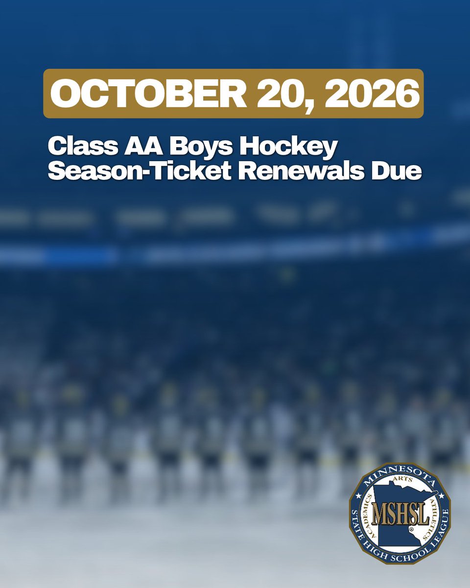 MSHSL's tweet photo. Reminder: Class AA Boys Hockey State Tournament information has been emailed to season-ticket holders.

Grand Casino Arena has switched to SeatGeek as its ticketing platform. Check your email to access your SeatGeek account.

Payment is due by October 20, 2026. https://t.co/ZvRT2LpKgS