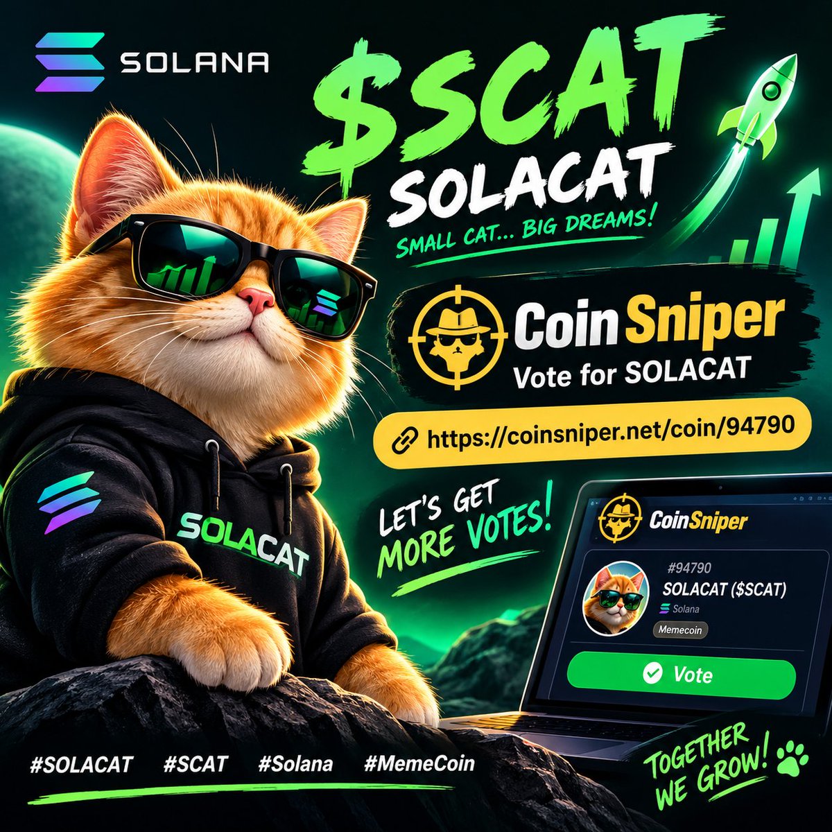 SolaCatSCAT's tweet photo. $SCAT is ready to make some noise on Solana! 

🗳️ Vote for SOLACAT on CoinSniper 👇
https://t.co/CzhbJ4tzVh

#SOLACAT #SCAT #Solana #MemeCoin https://t.co/DUD9sEE2eL