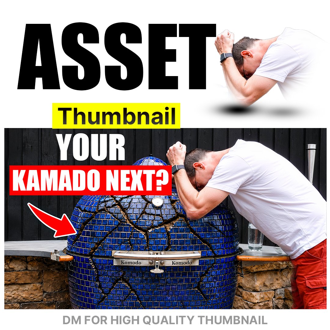 a_razagraphics's tweet photo. **Before → After:** Shattered kamado grill + bold “Your Kamado Next?” headline.
Low views on grilling/equipment content? Thumbnail is the fix.
Next upload? DM me. https://t.co/8C9zwgxry5