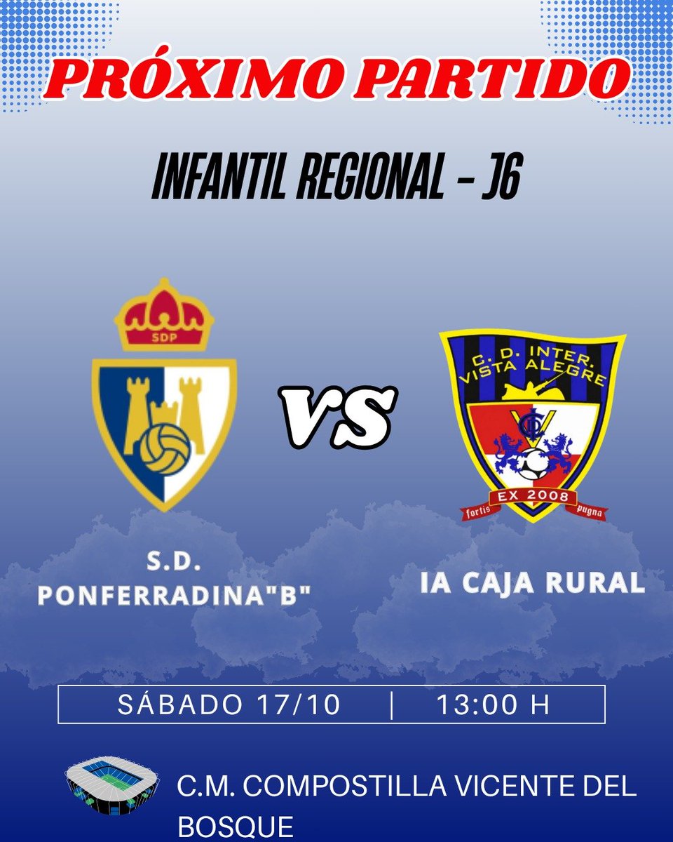 CDInterVA's tweet photo. ⚽️ ¡JORNADA 6 PARA NUESTROS EQUIPOS!

🏟️ Juvenil Nacional 🆚 C.D.I. de la Amistad | 12:00 h
🏟️ Juvenil Regional 🆚 Palencia Cristo Atlético | 12:00 h
🚌 Aficionado Regional 🆚 C.D. Villamuriel | 17:00 h
🚌 Infantil Regional 🆚 Ponferradina B | 13:00 h

🙌 ¡Mucha suerte! https://t.co/xv2jhGGx23