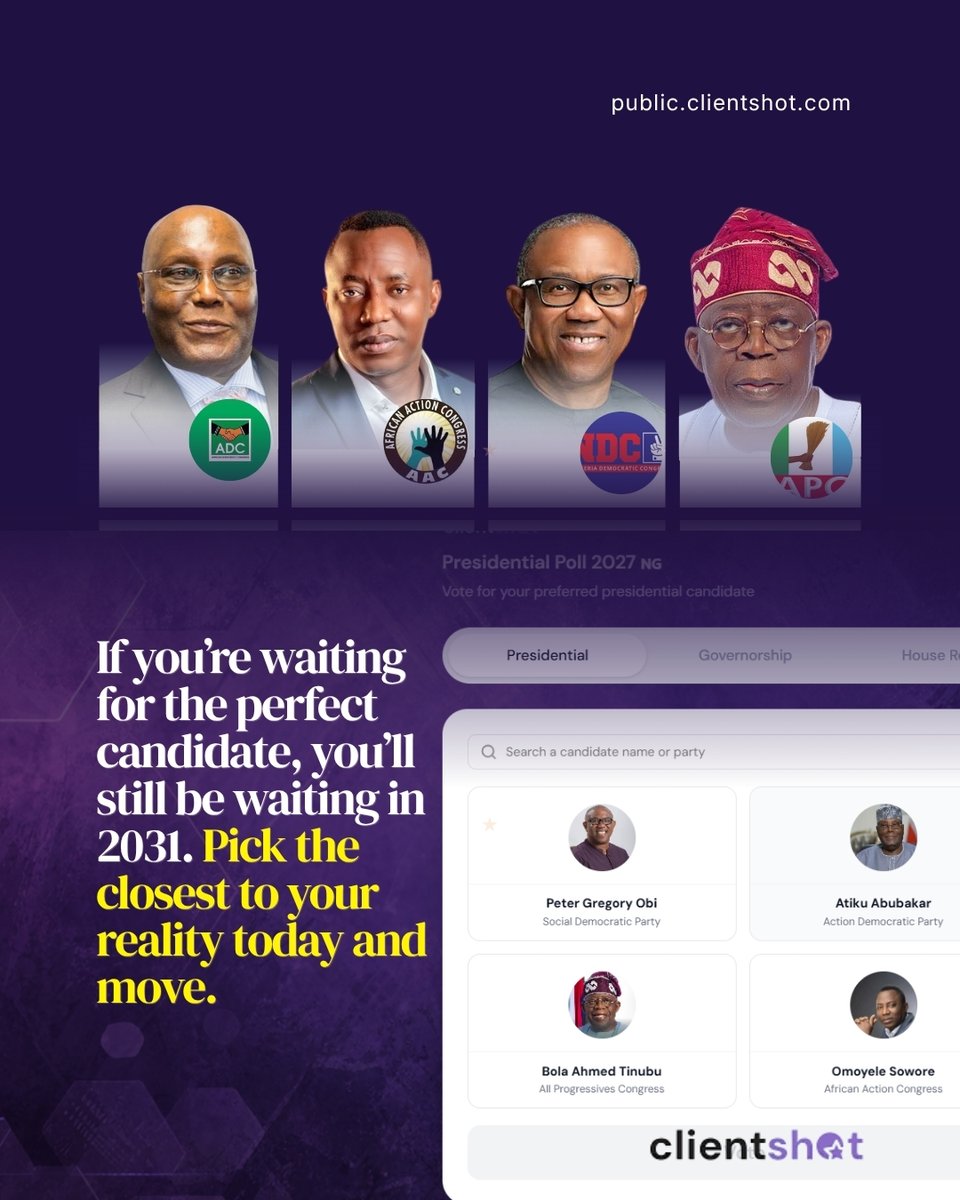 clientshot_'s tweet photo. Still talking about fuel, naira & insecurity but won’t even pick a side?
Put your preference on record in 30 seconds → https://t.co/DoYDJj9qrS
#ElectionPulse #Nigeria2027 #YourVoiceMatters #CivicEngagement #ClientShotPulse https://t.co/6qT083RsLS