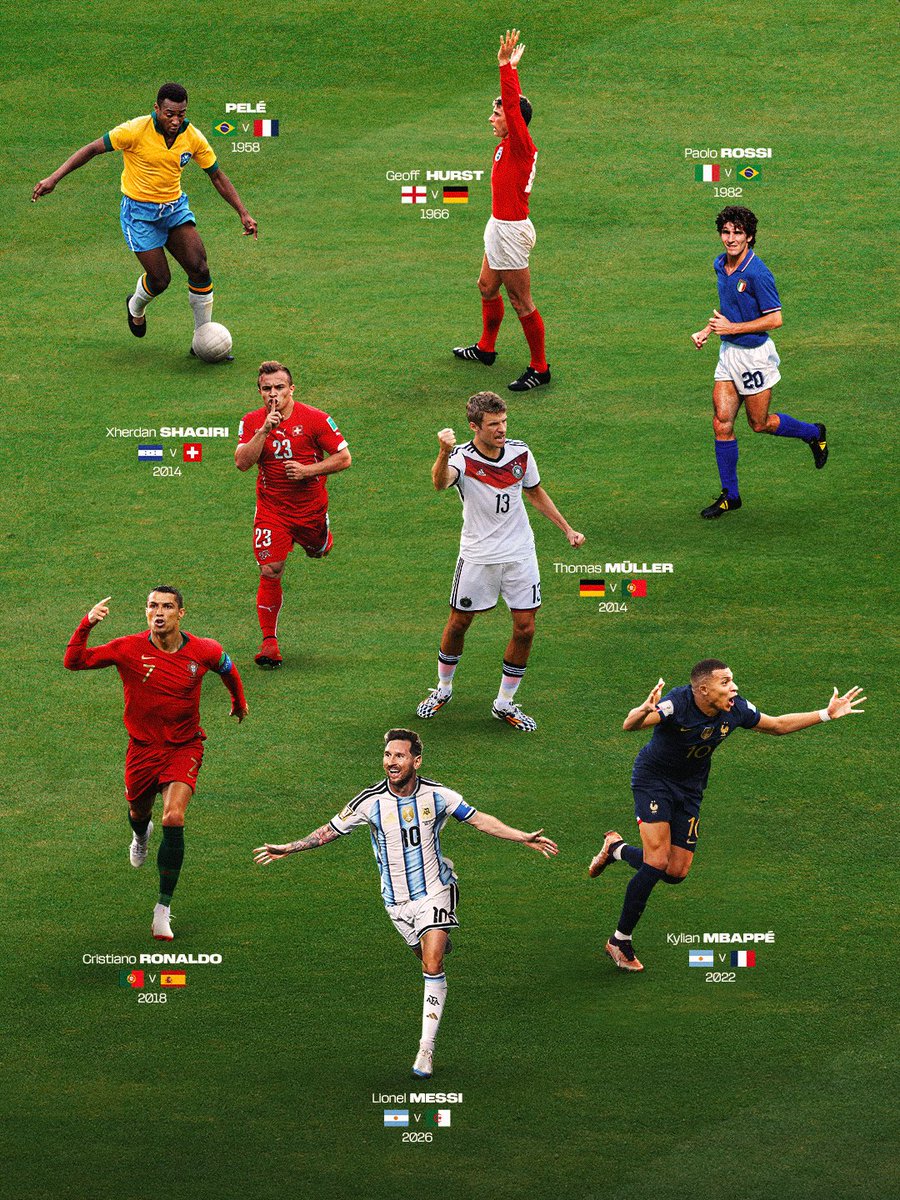 FIFAWorldCup's tweet photo. Some iconic #FIFAWorldCup hat-tricks! 🤩

Any you would add to this list? 🤔 https://t.co/da5bsbKIwu