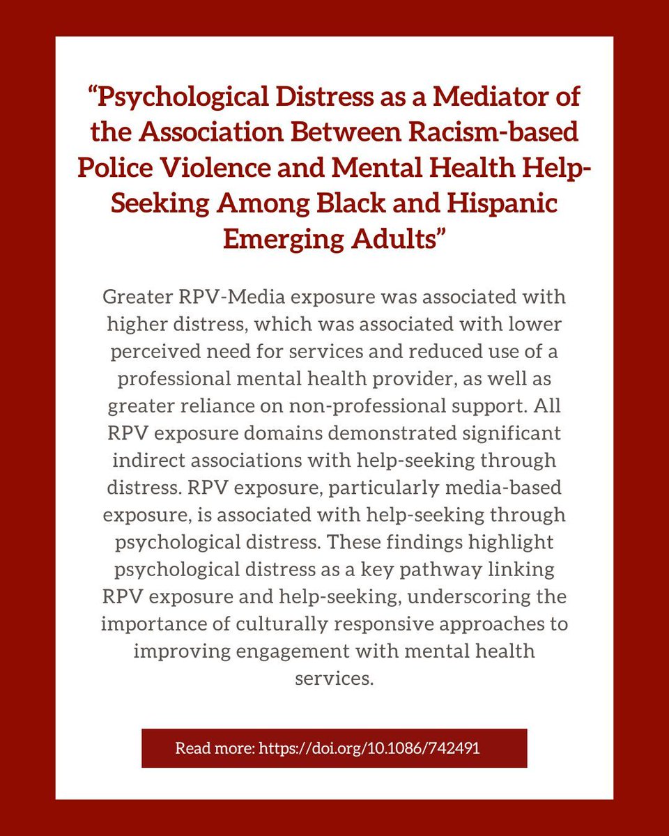 RBVIP_lab's tweet photo. Check out our new publication, "Psychological Distress as a Mediator of the Association Between Racism-based Police Violence and Mental Health Help-Seeking Among Black and Hispanic Emerging Adults":

https://t.co/kOAwyHm0rq https://t.co/6K9gPYUe7P