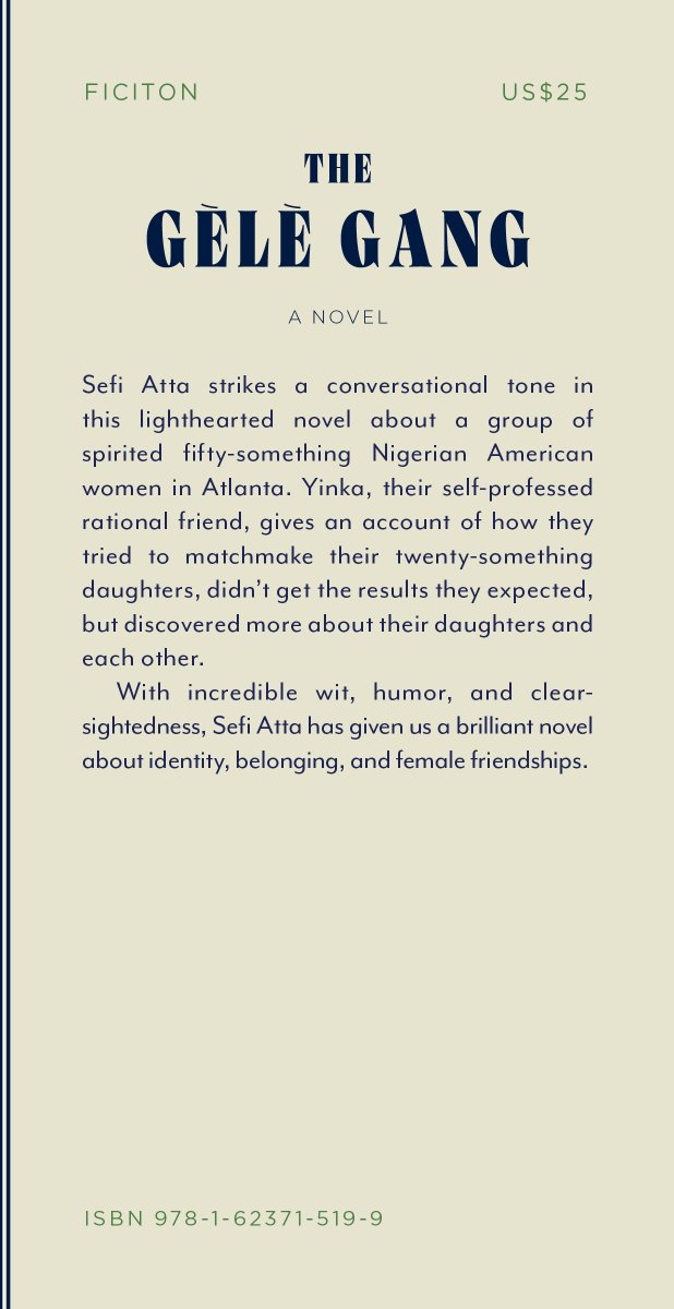 Sefi_Atta's tweet photo. Hello,

My latest novel The Gele Gang  will be available in February 2027.

It is the first of my post-lockdown novels. Inspired by Nigerian weddings I attended, it looks and feels like lime sorbet. It's light, sweet and tart, and cleansed my palate for my next course.

Sefi https://t.co/pFra7ECiPG