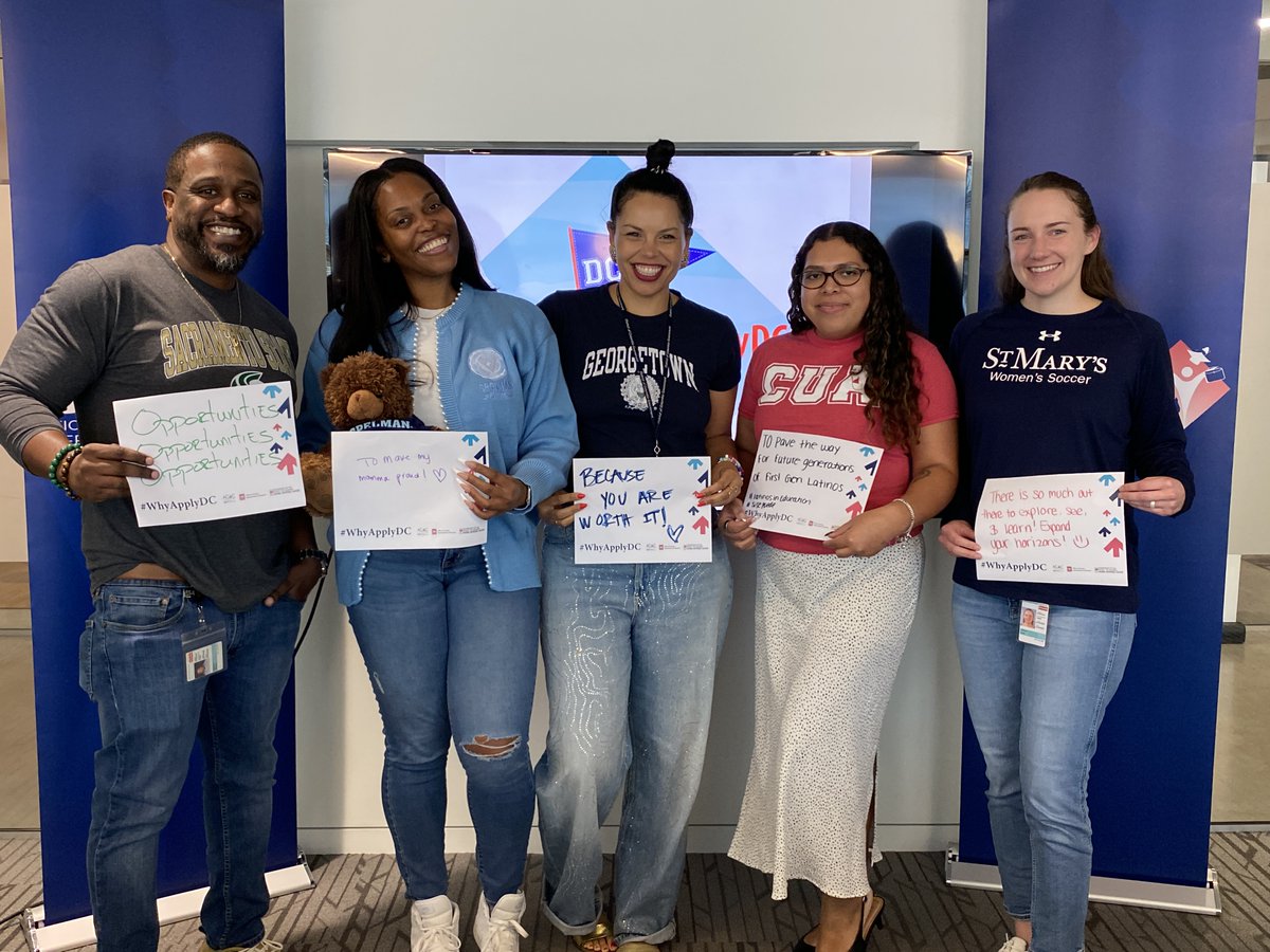 OSSEDC's tweet photo. OSSE proudly celebrates #WhyApplyDC Day🎓 

Staff across the agency show off their college gear and share reasons for applying to college. From new opportunities to discovering passions, everyone’s why is different &amp; powerful. ✨

Share your why to inspire the Class of 2027! https://t.co/6dxaXzC6Bu