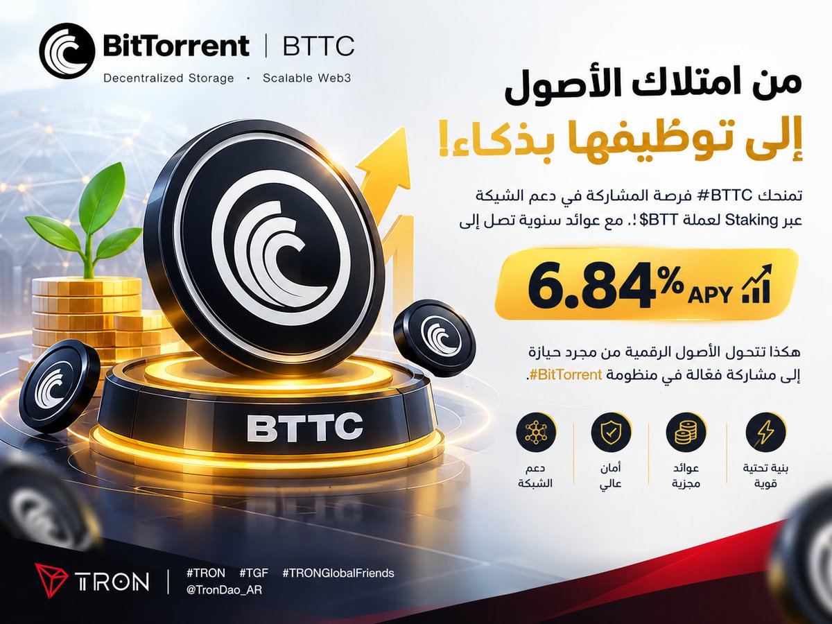 ita0p's tweet photo. 🔥 من امتلاك الأصول إلى توظيفها بذكاء!

تمنحك #BTTC فرصة المشاركة في دعم الشبكة عبر Staking لعملة $BTT، مع عوائد سنوية تصل إلى 6.84% APY. 🚀

هكذا تتحول الأصول الرقمية من مجرد حيازة إلى مشاركة فعّالة في منظومة #BitTorrent.

#TRON #TGF #TRONGlobalFriends @TronDao_AR https://t.co/IF7MKB1hFR