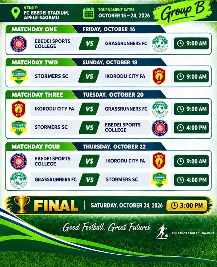 AFHPreseasonTou's tweet photo. ADJUSTMENT OF GROUP B FIXTURES

We wish to formally inform all teams participating in Group B of the withdrawal of Crown FC from the ongoing tournament, following the tragic demise of the club's driver in a road accident while travelling to Ijebu-Ode. https://t.co/lWT6CmtlL8