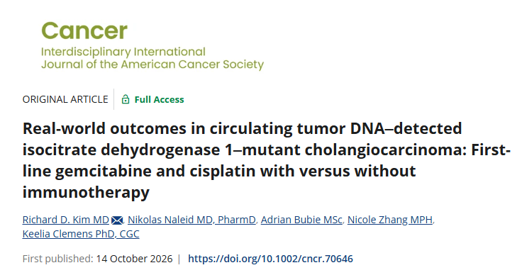 JournalCancer's tweet photo. New from @MoffittNews @GuardantHealth researchers 💡 

In IDH1+ aCCA, immunotx added to GemCis was assoc w/ inferior rwOS. Findings support obtaining ctDNA-based CGP before initiating 1L therapy &amp; underscore the need for prospective studies.

https://t.co/OyNET8P61d

@OncoAlert https://t.co/EDRePvJYdW