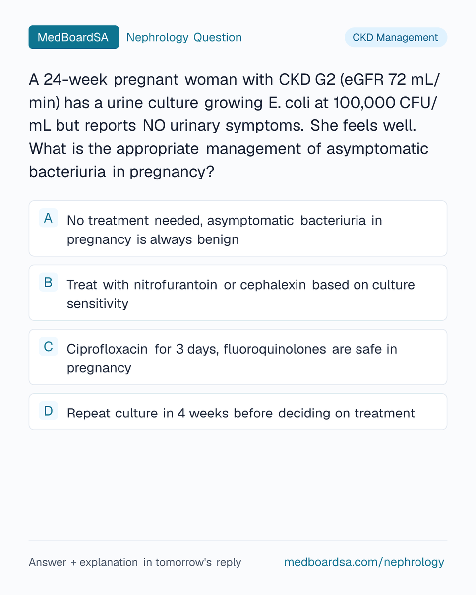 MedBoardSa's tweet photo. 🩺 Nephrology Question — CKD Management

Test yourself — reply with your answer 👇
Answer revealed tomorrow.

#Nephrology #MedEd #MedTwitter https://t.co/fKNHwgD8aG