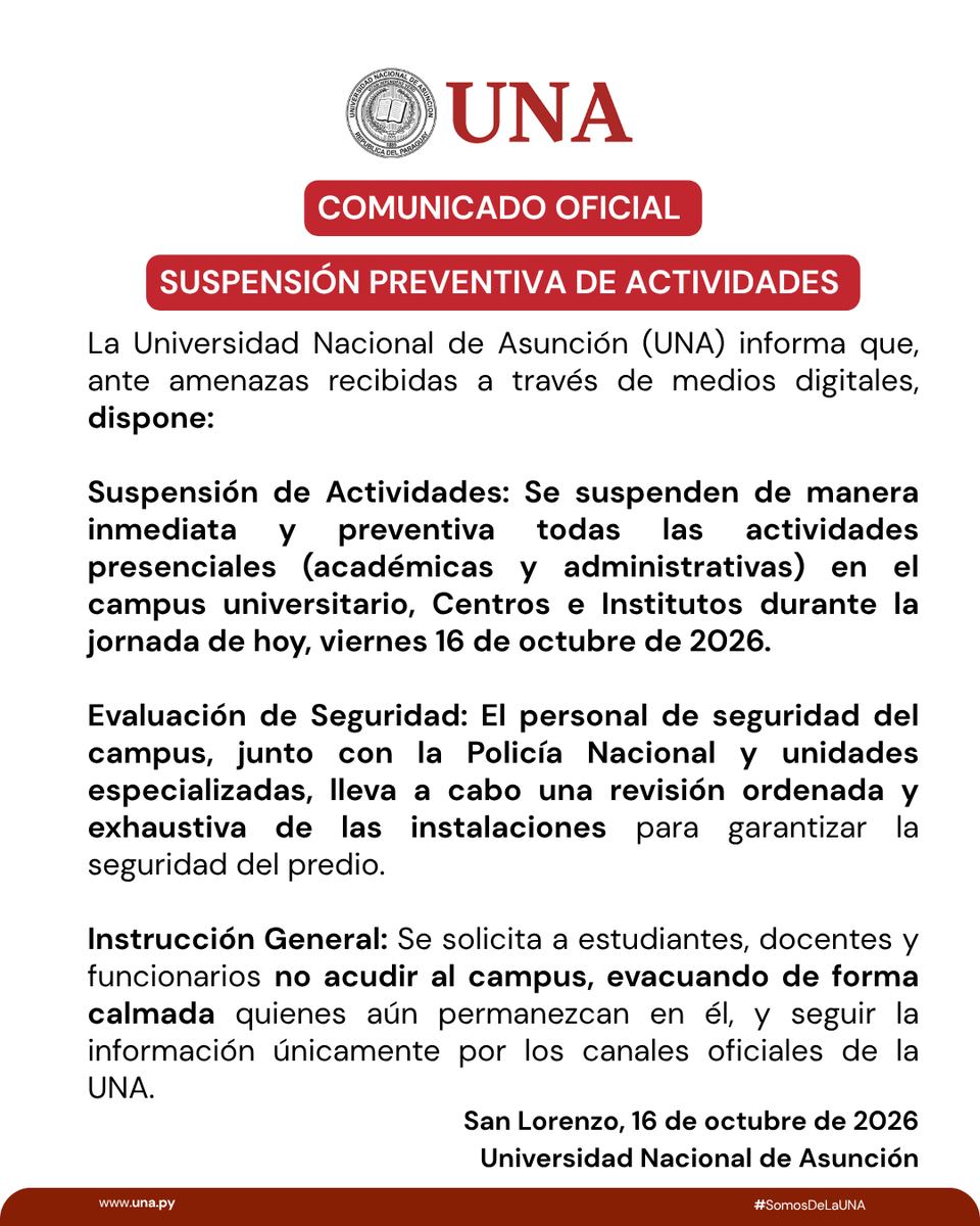 una_py's tweet photo. COMUNICADO OFICIAL 
SUSPENSIÓN PREVENTIVA DE ACTIVIDADES 
#SomosDeLaUNA https://t.co/CYVWA5PSAI
