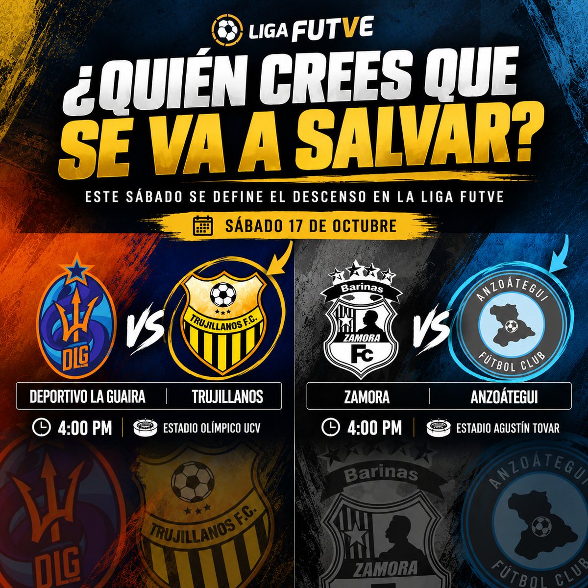 MarioSanchezVe's tweet photo. Mañana es el día definitivo para conocer cuál será el equipo que descienda a la Liga Futve 2. La batalla entre Trujillanos FC y Anzoátegui FC por la salvación llegará a su fin.

Trujillanos tiene 1 punto de ventaja en la tabla acumulada y visitará al Deportivo La Guaira. Por su parte, Anzoátegui tendrá que visitar al Zamora FC.

¿Quién se salvará?