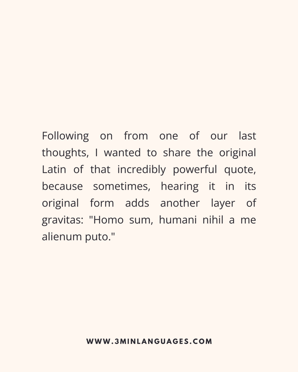3MLanguages's tweet photo. “Homo sum…” Nothing human is alien to you.
 Language is yours to learn.
 👉 Learn the human way: https://t.co/zJMA7G83iy

#3MinuteLanguages #StudyIn3 #LanguageLearning #MicroLearning #Consistency #LearnFrench #LearnSpanish #LearnGerman #LearnItalian #LearnPortuguese https://t.co/pKdXA2g3HH