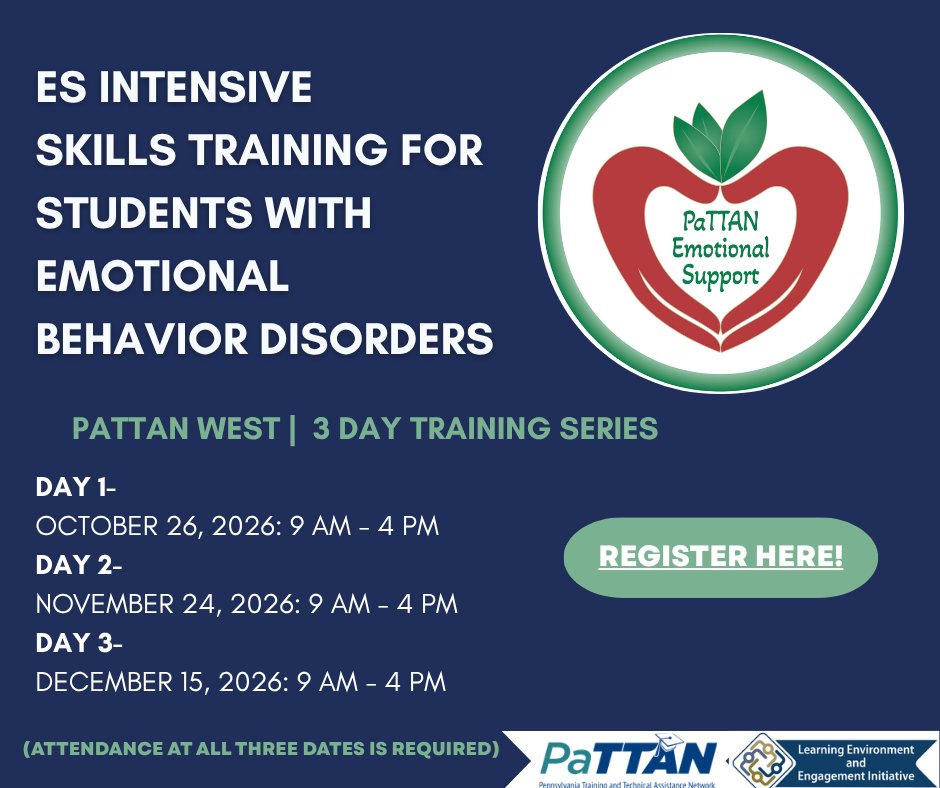 pattanupdates's tweet photo. 🍂 Looking for #Act48 Hours this fall? Registration for the 3-Day ES Intensive Skills Training for Students with Emotional Behavioral Disorders Training Series is now open! #PaTTANEmotionalSupport

📆Oct 26 | Nov 24 | Dec 15
🕓9 AM – 4 PM
📍PaTTAN West
🔗https://t.co/VuSTn8KJ7m https://t.co/f3WybqWFk9