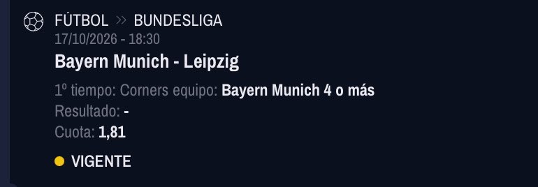 pickscardscorne's tweet photo. Pronóstico Prepartido ⏰🔔🛎️⚽️👇

Bundesliga 18:30 17/10

Bayern Múnich- Leipzig 

Bayern Munich 4 o mas Corners 1ª Parte

@ 1.81

Stake 5.5/10 https://t.co/kSW9cAfOZ9