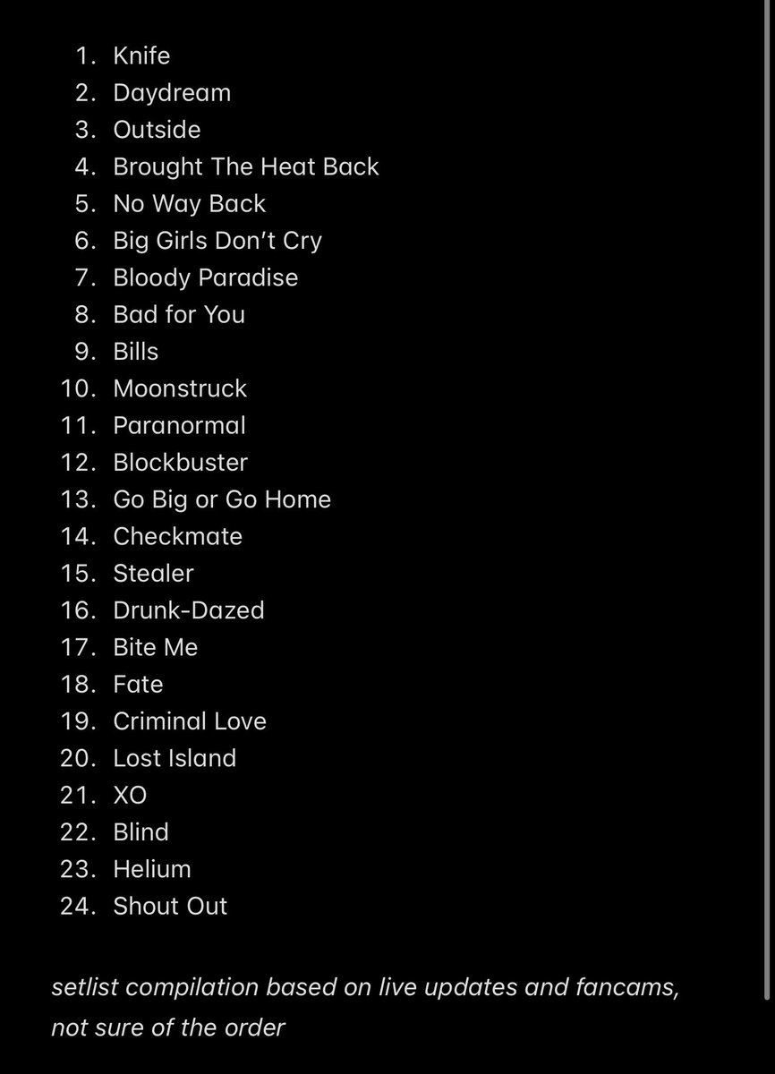 EN7ernally's tweet photo. <ENHYPEN Blood Saga in Macau Setlist>

Changes from BLOOD SAGA in Busan Setlist:

ADDED:
🎶 Bad For You
🎶 Checkmate

REMOVED:
🎶 No Doubt 
🎶 Sleep Tight 
🎶 Future Perfect 

MOVED (2nd section):
🎶 Bloody Paradise 

#ENHYPEN #엔하이픈 https://t.co/PnunvthwXf