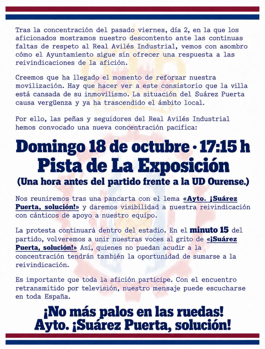 RadioRAI1903's tweet photo. 🔵⚪️🔴¡AYUNTAMIENTO, SUÁREZ PUERTA SOLUCIÓN! 🔵⚪️🔴
🗓 Domingo 18 de octubre
⏰️ 17:15 horas
📍Pista de La Exposición 
#suárezpuertasolución
#ayuntamientodeavilés
#avilés
#realavilésindustrial
#primerafederación https://t.co/poB3O5BrN1