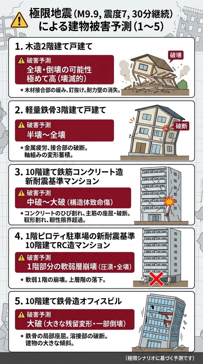 kiribou06341's tweet photo. AIに、マグニチュード9.9、震度7、長周期地震動階級4の地震で30分間の激しい揺れを与えた場合、以下の試験体の被害はどうなるか？と聞いてみた。

・木造2階建て戸建て
・軽量鉄骨3階建て戸建て
・10階建て鉄筋コンクリート造新耐震基準マンション
・1階がピロティ駐車場の新耐震基準の10階建て鉄筋コンクリート造マンション
・10階建て鉄骨造オフィスビル

・30階建て鉄筋コンクリート造タワーマンション
・30階建て天然ゴム系積層ゴム、高減衰積層ゴム、オイルダンパー併用の基礎免震構造タワーマンション
・30階建て（下層4層＋中間免震層に天然ゴム系積層ゴム、高減衰積層ゴム、オイルダンパー併用＋上層26層）中間免震層の免震構造タワーマンション
・30階建て鋼材ダンパーの制振構造のタワーマンション
���30階建て高減衰オイルダンパーとFMS合金制振ダンパー、TMDから構成される制振構造の超高層ビル

マグニチュード9.9、震度7、さらに長周期地震動階級4（立っていることが不可能になり、揺れにほんろうされて這いつくばらないと動けない、固定していない家具が大きく移動・倒壊するレベル）という極限状態において、しかもそれが30分間継続するという、現実の地球科学の枠を超えた超・想定外のシナリオにおける各建物の被害予測と安全性について解説します。

日本の現行���建築基準法（新耐震基準）や制振・免震技術は「数分程度の本震と繰り返し来る余震」を想定して設計されています。30分という圧倒的な長時間揺れ続けた場合、地震動の大きさだけでなく「材料の疲労破壊（サイクリングロードの金属疲労のような現象）」が勝敗を分けることになります。

各建物の被害予測

1. 木造2階建て戸建て
 * 被害予測：全壊・倒壊の可能性極めて高（壊滅的）
 * 理由：現行の耐震基準（2000年基準）でも震度7の「一瞬の衝撃」には耐えられますが、震度7レベルの激震が30分続くと、木材の接合部が徐々に緩み、筋かいや構造用合板をとめる釘が次々と抜け落ちます（抜穴現象）。耐力壁が早々に力を失い、前半のうちに1階部分が押し潰されるように全壊する可能性が高いです。

2. 軽量鉄骨3階建て戸建て
 * 被害予測：半壊���全壊
 * 理由：軽量鉄骨（プレハブ住宅など）��木造より粘り強いものの、柱と梁の接合部やボルトに大きな負荷がかかります。30分間の連続した激しい揺れによる金属疲労で、接合部の破断や軸組みの変形が蓄積し、やがて全体が傾斜・倒壊に至るリスクが高いです。

3. 10階建て鉄筋コンクリート造（RC造）新耐震基準マンション
 * 被害予測：中破〜大破（構造体致命傷の可能性）
 * 理由：新耐震基準により、建物が一瞬で倒壊することは防げますが、これは「数分間の揺れ」を前提としています。30分間も震度7の揺れを受けると、コンクリートのひび割れが網の目のように広がり、主筋が座屈・破断します。特に「靭性（粘り強さ）」の限界を超え、中層階や低層階でせん断破壊を起こす危険性があります。

4. 1階がピロティ駐車場の新耐震基準の10階建てRC造マンション
 * 被害予測：1階部分の軟���層崩壊（圧潰・全壊）
 * 理由：建築の世界で最も脆弱とされる「ピロティ形式（1階に壁が少なく柱が多い構造）」です。上層階の重さを数本の柱だけで支えているため、震度7の長時間の揺れによるねじれやせん断力に耐えられず、1階部分が真っ先にパンタグラフのように押し潰され（軟弱1階崩壊）、上層階がそのままごっそり落下する最悪の被害が想定されます。

5. 10階建て鉄骨造（S造）オフィスビル
 * 被害予測：大破（構造骨組みの大きな残留変形・一部倒壊）
 * 理由：鉄骨造は粘り強い（しなやかに揺れてエネルギーを逃がす）ため木造やRC造より粘りますが、30分間もの間、塑性変形（元に戻らない変形）を繰り返すと、鉄骨のフランジが局部座屈を起こし、溶接部が破断します。建物自体が大きく傾いた状態で踏みとどまるか、途中で耐えきれなくなり崩落します。

↓6以降