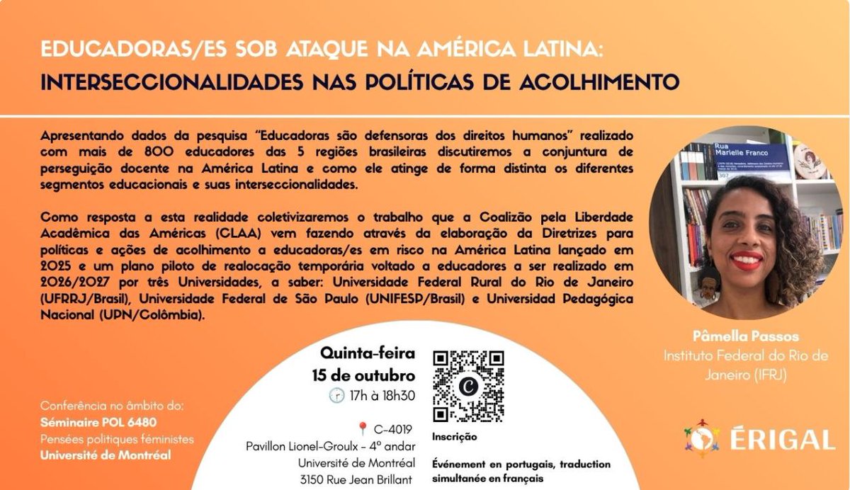 CafaClaa's tweet photo. 📚 ¿Cómo proteger a educadoras/es en riesgo en América Latina?

El 15/10, Pâmella Passos (IFRJ) presentará en la Universidad de Montreal el trabajo sobre las Directrices para políticas y acciones de acogimiento de educadoras/es en situación de riesgo.
🔗 https://t.co/9bR1KvPNRn https://t.co/caAz43zmGj