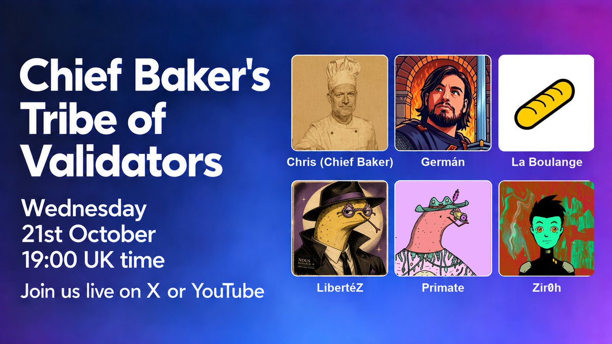chrispinnock's tweet photo. 👨‍🍳 The Tribe of Validators assembles! 

📆 Wednesday 21st Oct, 19:00 UK — @knayawp, @LaBoulangeTezos, @libertez_baker, @BakingBenjamins, @Zir0h and me, live.

🔐 Baking on @Tezos. Quantum-resistant keys. And the rigs we actually run in our own homes. Show us yours, we’ll show you ours.

📺 Live on X & YouTube https://t.co/Xclk9GXEjZ