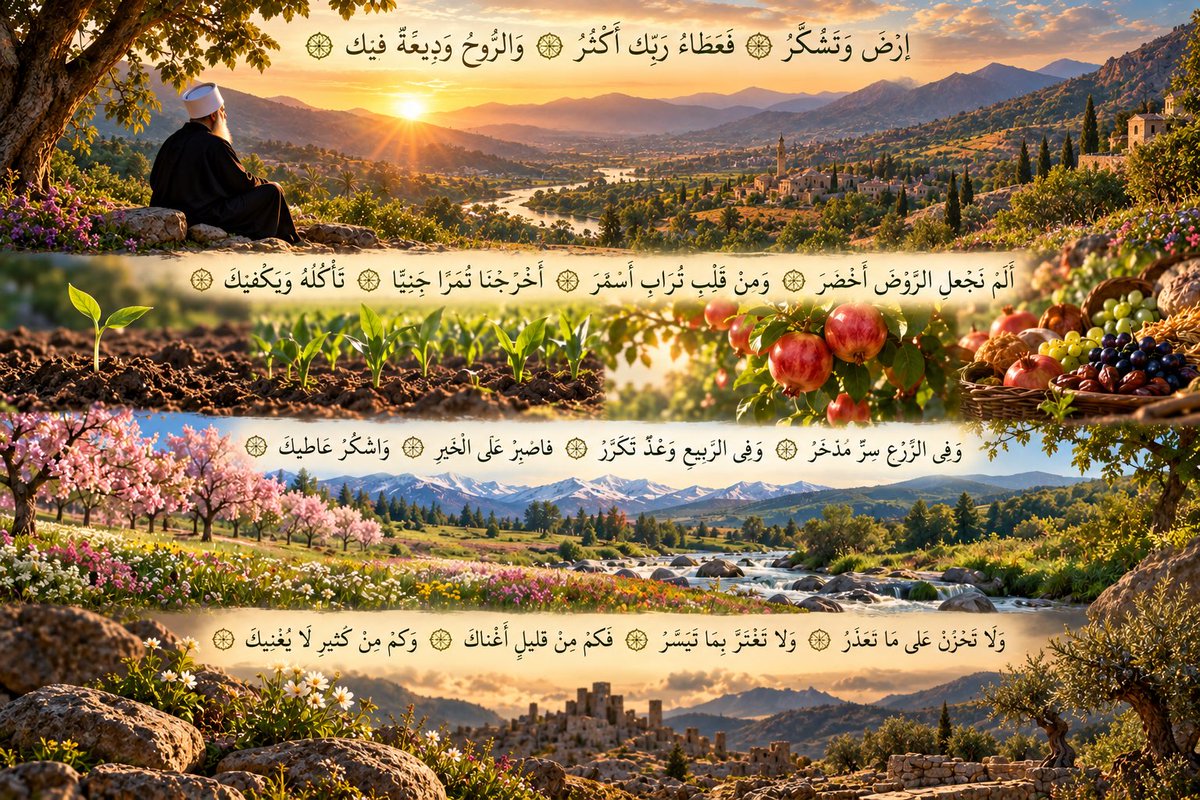 Sobalaan's tweet photo. اِرْضَ وَتَشَكَّرْ ۞ فَعَطَاءُ رَبِّكَ أَكْثَرُ ۞ وَالرُّوحُ وَدِيعَةٌ فِيكَ ۞

أَلَمْ نَجْعَلِ الرَّوْضَ أَخْضَرَ ۞ وَمِنْ قَلْبِ تُرَابٍ أَسْمَرَ ۞ أَخْرَجْنَا ثَمَرًا جَنِيًّا ۞ تَأْكُلُهُ وَيَكْفِيكَ ۞

وَفِي الزَّرْعِ سِرٌّ مُدَّخَرْ ۞ وَفِي الرَّبِيعِ وَعْدٌ تَكَرَّرْ ۞ فَاصْبِرْ عَلَى الْخَيْرِ ۞ وَاشْكُرْ عَاطِيكَ ۞

وَلَا تَحْزَنْ عَلَى مَا تَعَذَّرْ ۞ وَلَا تَغْتَرَّ بِمَا تَيَسَّرْ ۞ فَكَمْ مِنْ قَلِيلٍ أَغْنَاكَ ۞ وَكَمْ مِنْ كَثِيرٍ لَا يُغْنِيك ۞