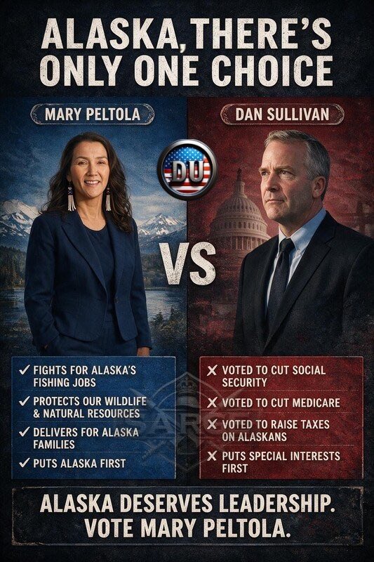 Sbh08Mae's tweet photo. #DemsUnited #wtpBLUE 

Americans have a nationwide opportunity to elect Mary Peltola as Alaska’s next Senator.

Dan Sullivan, Jr. hasn't performed for Alaska.
In fact, he votes to benefit himself and, of course, Donald Trump. He never votes for Alaskans.

Mary Peltola’s record shows she’s 100% behind Alaskans.

The GOP dark money PACs and Dan Sullivan, Jr. know Mary is always for the people, so they make up lies and say Mary is “a whack job.” Alaskans know it isn't true.

Everything costs too much in Alaska. Mary has real plans to lower costs, and she prioritizes “fight for fish, family, and freedom.”

Alaskans and citizens across the country can elect Mary as Alaska’s Senator by donating via this link. Your help is appreciated.

https://t.co/JXtbrUTVE6

The race is a toss-up. If you can help, Mary wins. She’ll start making life in Alaska better and easier because she’ll be a Senator who cares.