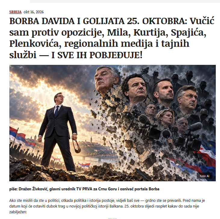breybelgrad's tweet photo. Serbische Propaganda: Vucic als David (mit der Schleuder) gegen die Opposition, Montenegro, Kosovo, Kroatien, "die regionalen Medien und die Geheimdienste - er wird sie alle besiegen". Die logische Frage: Warum ist Serbien angeblich mit allen  zerstritten?
https://t.co/2W4DGfRxD7 https://t.co/UgVXI5yWlR
