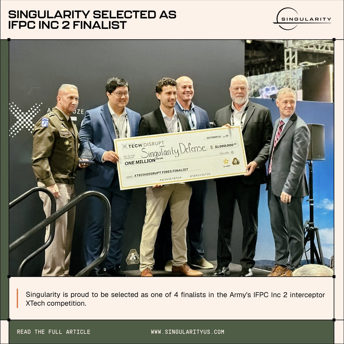 singularitydefc's tweet photo. PAE Fires selected Singularity as one of 4 finalists for the US Army's IFPC Inc 2 interceptor XTech competition. Singularity will have the opportunity to fly against other entrants in a 2027 demonstration.  
 
We are motivated to bring low-cost air defense systems to the US Army at scale. Thank you to the PAE Fires team for taking the lead on bringing competition and new entrants to rebuild America's air defense arsenal.   

#xtech #ifpc #airdefense #army