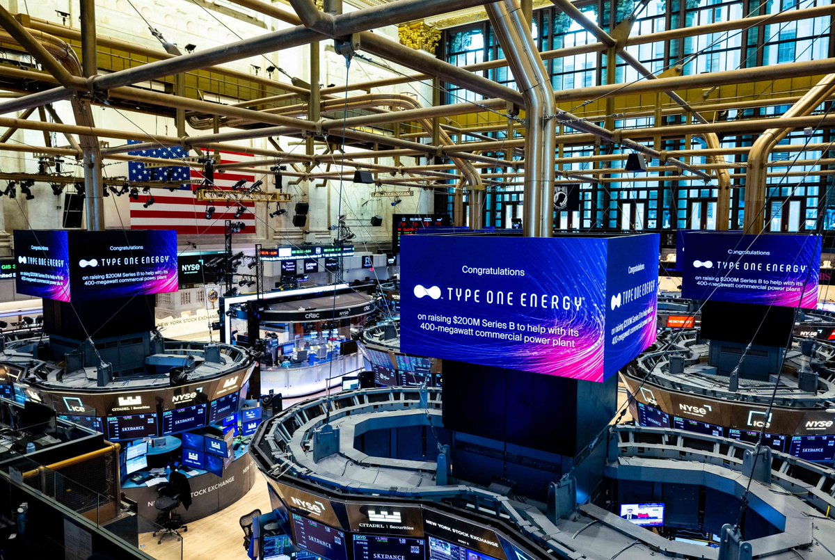 typeoneenergy's tweet photo. Thanks to our friends at @NYSE for featuring our $200M Series B financing round on the trading floor this week.

As a fusion technology provider and equipment manufacturer, we’re advancing the capital-efficient path to commercial fusion energy!

The round was co-led by Breakthrough Energy Ventures and Clutterbuck Capital, with participation from Lowercarbon Capital, Siemens Energy Ventures, SiteGround Capital and other new investors.