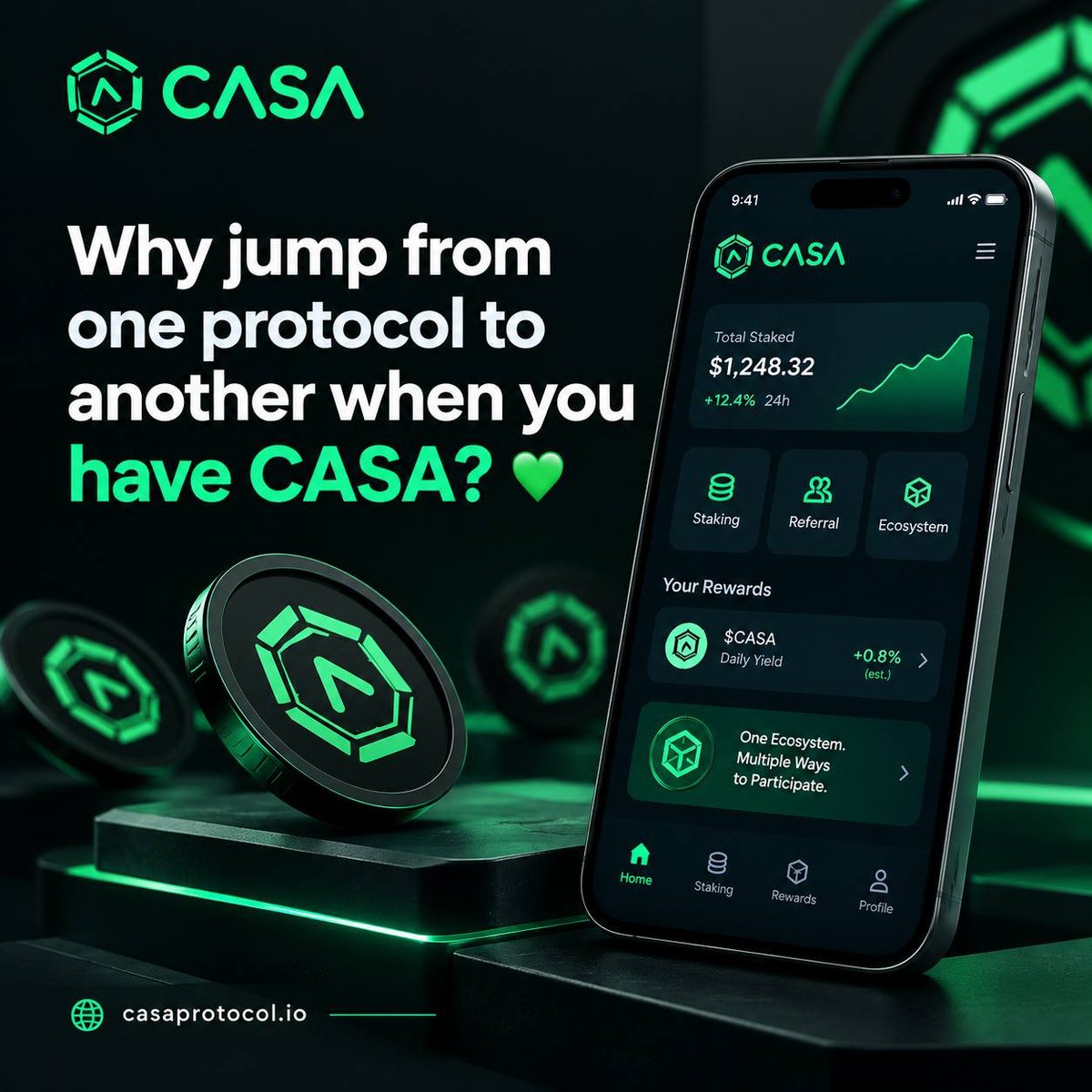 CasaCasinoToken's tweet photo. 💚 Your assets should have a purpose.

With CASA, explore staking, on-chain rewards, and a token ecosystem built around participation.

Don’t just follow the hype. Understand the mechanics, know the risks, and make informed decisions.

🌐 https://t.co/h6rWyd9j1q https://t.co/8G6Q5Hq7xC
