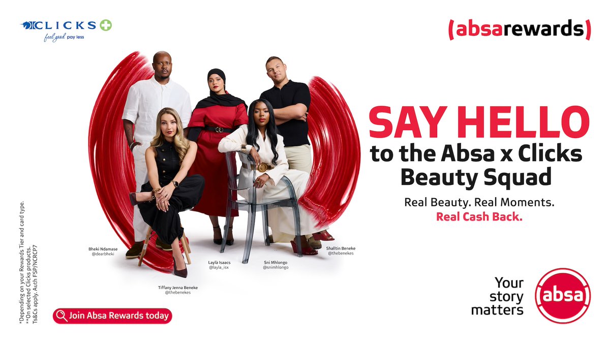 AbsaSouthAfrica's tweet photo. Meet your Absa x Clicks Beauty Squad!💄

What's your must-have beauty essential from @Clicks_SA? Comment to WIN 1 of 5 Clicks hampers worth R2 000!

Up to R150K in prizes, visit the Absa House @ Playground.

#AbsaRewardsxClicks #YourStoryMatters
Ts&amp;Cs apply https://t.co/xHAuVCMPda