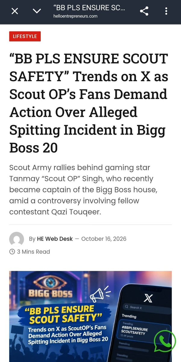s68361428's tweet photo. SCOUT ARMY’S VOICE IS REACHING THE MEDIA! 

From X to mainstream media, our demand for Scout’s safety is getting noticed. We stand UNITED for accountability!

Bigg Boss, ab Scout Army ki awaaz sunni padegi! 

#JioHotstar #ScoutOP #BiggBoss20 #BB20 #Scoutarmy https://t.co/zHcvssSKy6