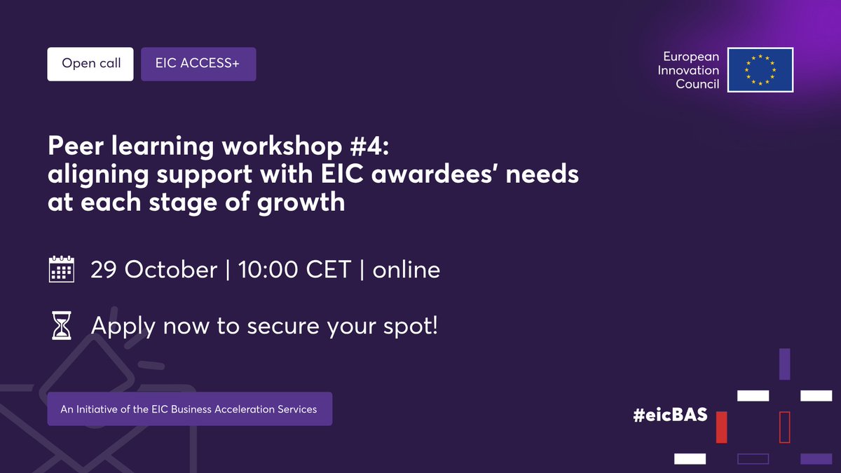 EUeic's tweet photo. 📢 EIC awardees &amp; EIC Ecosystem Partners!

Join the next EIC ACCESS+ Peer Learning Workshop to help align #eicBAS services in the EIC Service Catalogue with awardees’ needs at each stage of growth.

🗓️ 29 October | 🕒 10:00–12:00 CET | 💻 Online
Apply now: https://t.co/YT6IU40C1x https://t.co/Xpvkcl6yFB