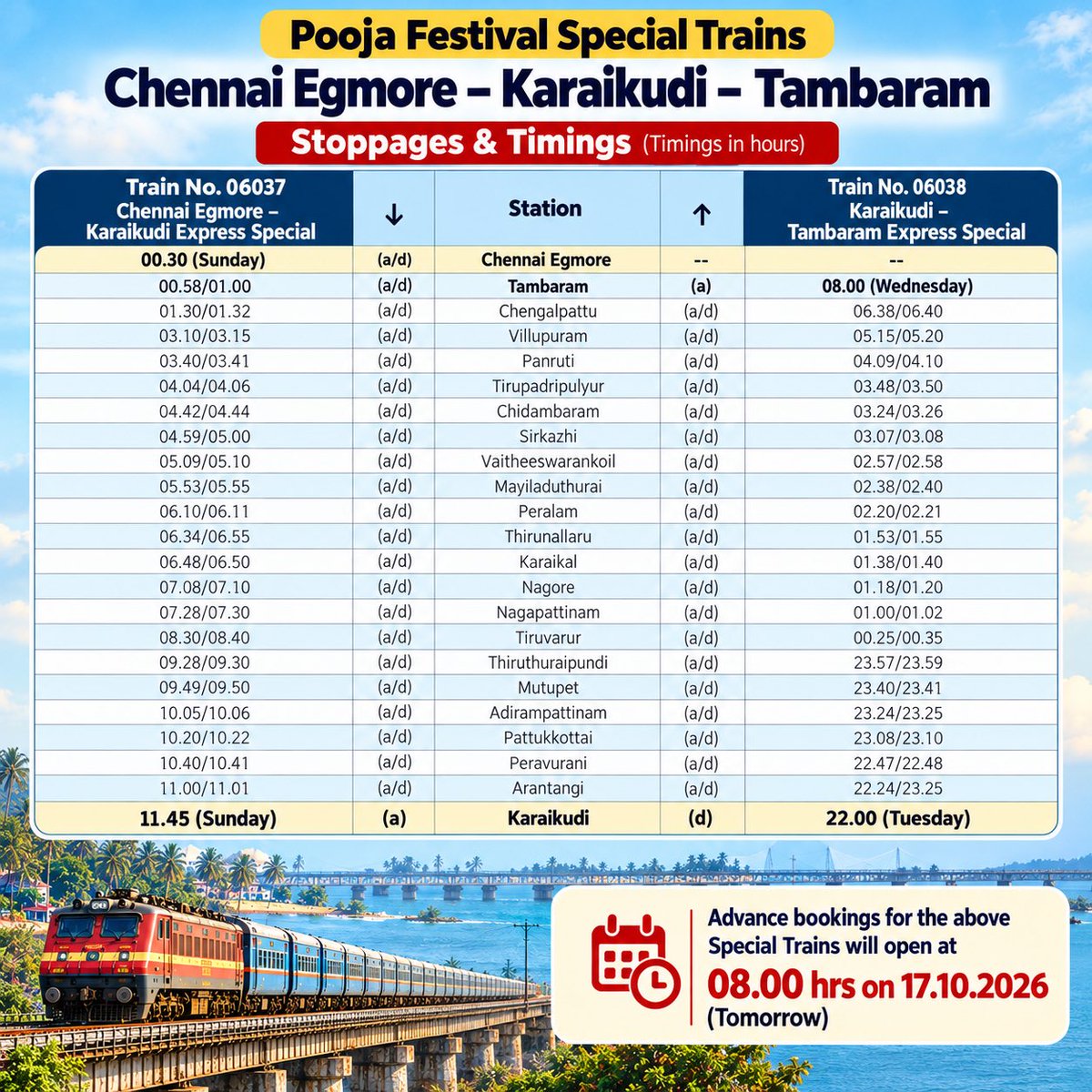 GMSRailway's tweet photo. 🚆 Plan Your Pooja Festival Journey!

To clear the extra rush of passengers during the Pooja festival, Southern Railway will operate special trains between Chennai Egmore, Karaikudi and Tambaram.

🔹 Train No. 06037: Chennai Egmore – Karaikudi Express Special
🔹 Train No. 06038: Karaikudi – Tambaram Express Special

🎟️ Advance bookings open at 08.00 hrs on 17 October 2026 (Tomorrow).

#SouthernRailway #IndianRailways #PoojaFestival #SpecialTrains #FestiveSeason
