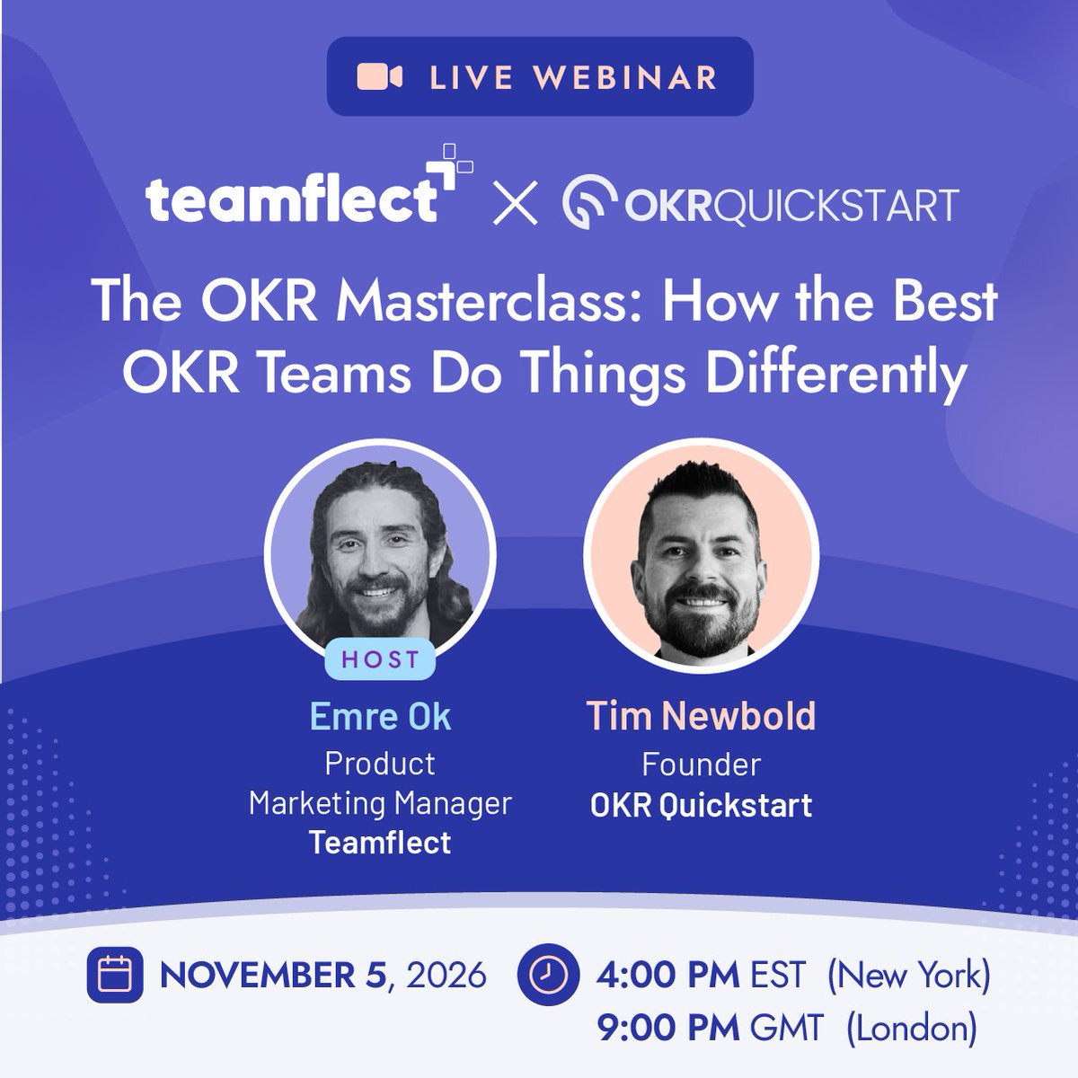 teamflect's tweet photo. You’ve rolled out OKRs. But are they actually working?

Join our upcoming live webinar with Tim Newbold, founder of OKR Quickstart and advisor to 70+ CEOs! He’s helped organizations like Domino’s and Greenpeace turn OKRs from a quarterly exercise into a real operating rhythm.

In this session, Tim will share what separates great OKR teams from the rest, using his OKR Accelerator framework.

You’ll learn:

👉 How to tell a drifting OKR program from a healthy one
👉 Why fewer OKRs drive better results
👉 How to align teams through strategic context instead of cascading goals
👉 The quarterly rhythm that keeps OKRs alive, from weekly check-ins to end-of-quarter retros

After the masterclass, we’ll show you how to put it all into practice with a live demo of Teamflect’s OKRs module, right inside Microsoft Teams.

Bonus: Everyone who attends gets Tim’s OKR Accelerator pack, full of cheat sheets, templates and an ebook. A few lucky participants will also win a special prize!

📅 November 5, 2026 (Thursday)
🕓 4 PM EST (New York) | 9 PM GMT (London)

Register here: https://t.co/8lckQLYKId